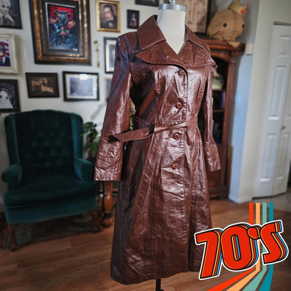 Vintage 70s Horne's of Wheeling Skin Flair Brown Leather Trench Coat Long Jacket